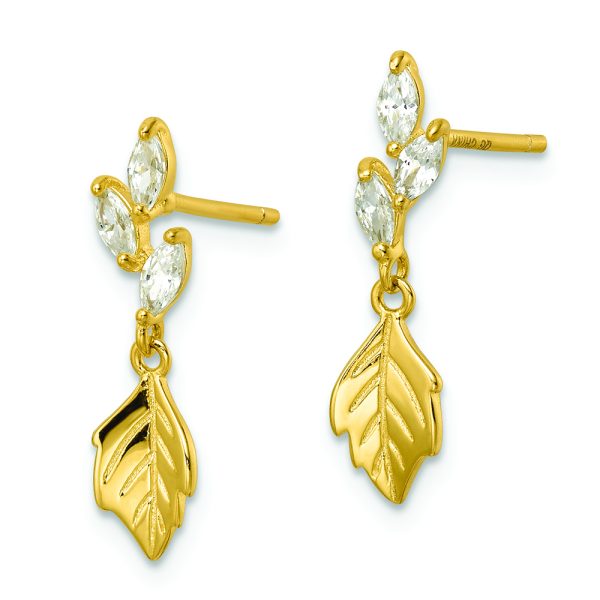 Sterling Silver Gold Tone CZ w/ Dangle Leaf Post Earrings - Image 2