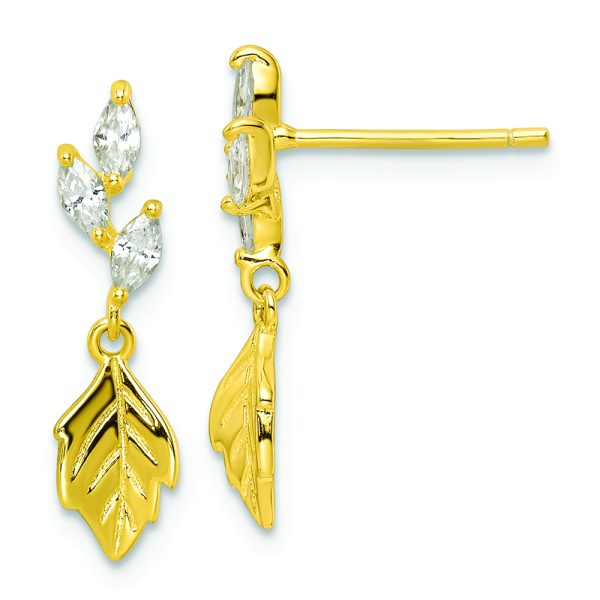 Sterling Silver Gold Tone CZ w/ Dangle Leaf Post Earrings