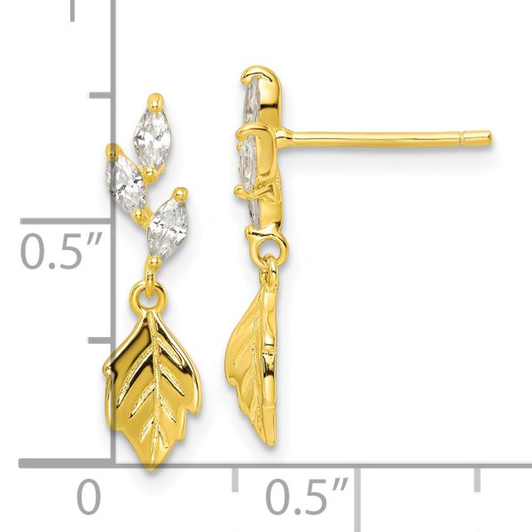 Sterling Silver Gold Tone CZ w/ Dangle Leaf Post Earrings - Image 3