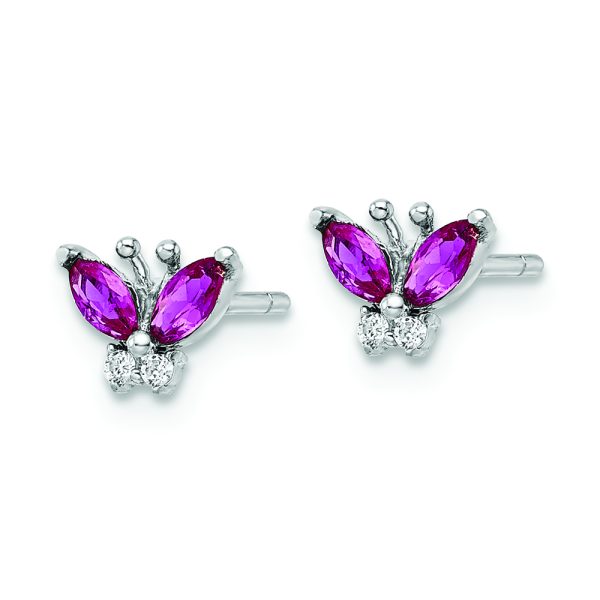 Sterling Silver Rhodium-plated Red & White CZ Butterfly Post Earrings - Image 2