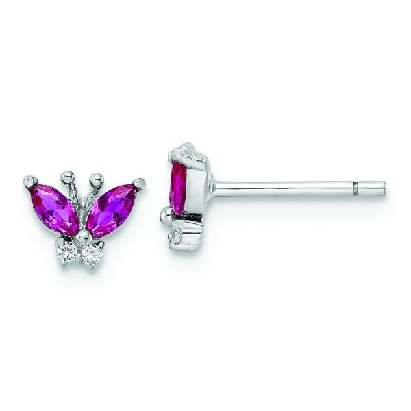 Sterling Silver Rhodium-plated Red & White CZ Butterfly Post Earrings