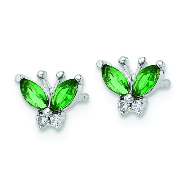 Sterling Silver Rhodium-plated Green & White CZ Butterfly Post Earrings - Image 2