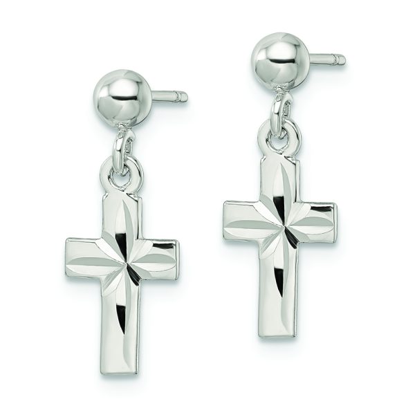 Sterling Silver Polished and D/C Latin Cross Post Dangle Earrings - Image 2