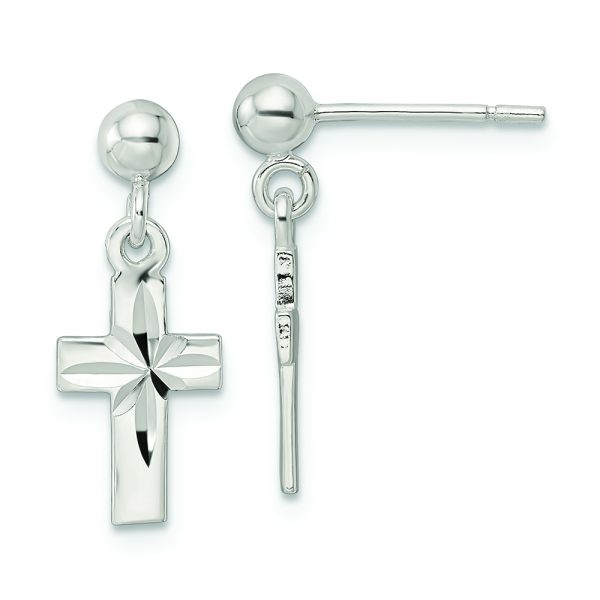 Sterling Silver Polished and D/C Latin Cross Post Dangle Earrings