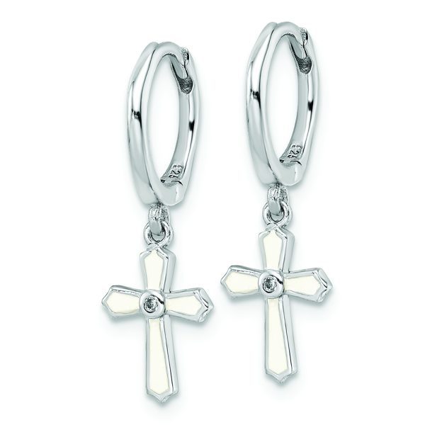 Sterling Silver RH-plated CZ White Enamel Cross Dangle Hoop Earrings - Image 2