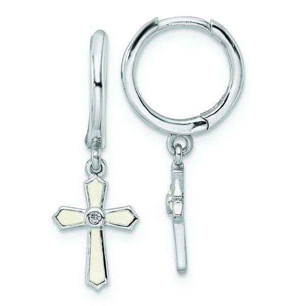 Sterling Silver RH-plated CZ White Enamel Cross Dangle Hoop Earrings