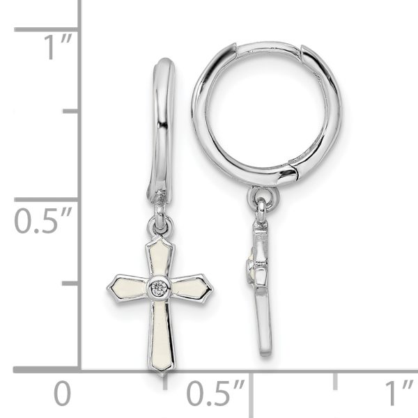 Sterling Silver RH-plated CZ White Enamel Cross Dangle Hoop Earrings - Image 3