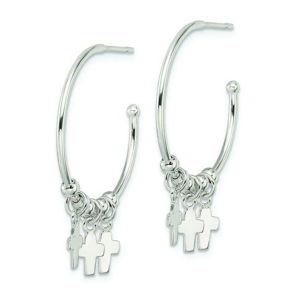 Sterling Silver Polished & Beaded Cross Dangle Post C-Hoop Earrings - Image 2