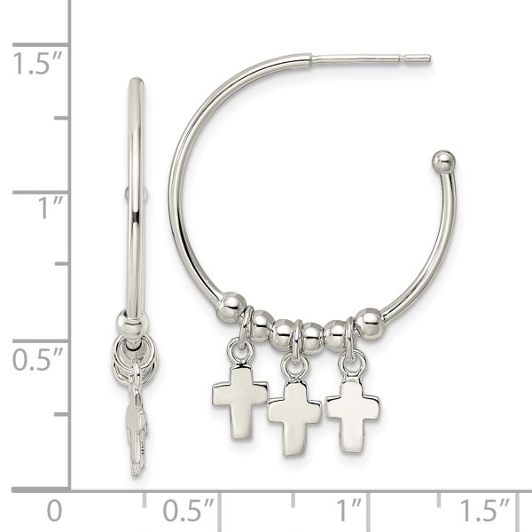 Sterling Silver Polished & Beaded Cross Dangle Post C-Hoop Earrings - Image 3