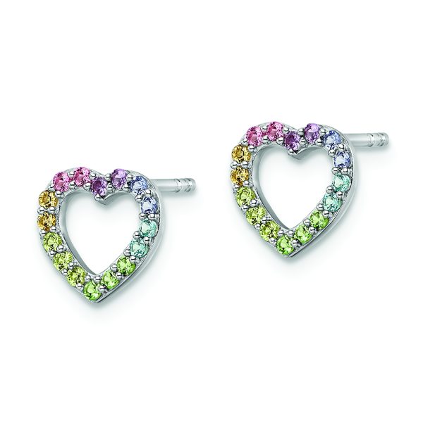 Sterling Silver RH-plated Rainbow Crystal Open Heart Post Earrings - Image 2