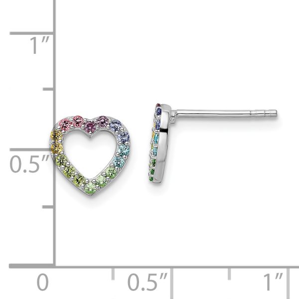 Sterling Silver RH-plated Rainbow Crystal Open Heart Post Earrings - Image 3