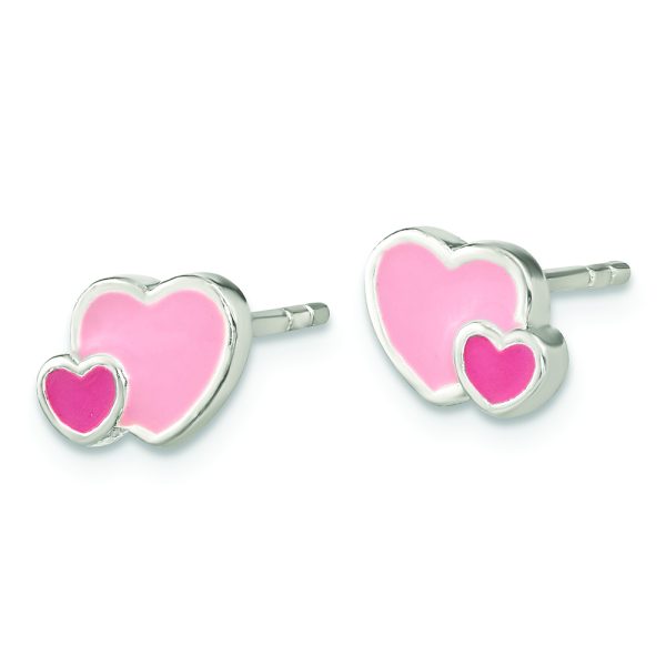 Sterling Silver Rhodium-plated Pink Enamel Double Heart Post Earrings - Image 2