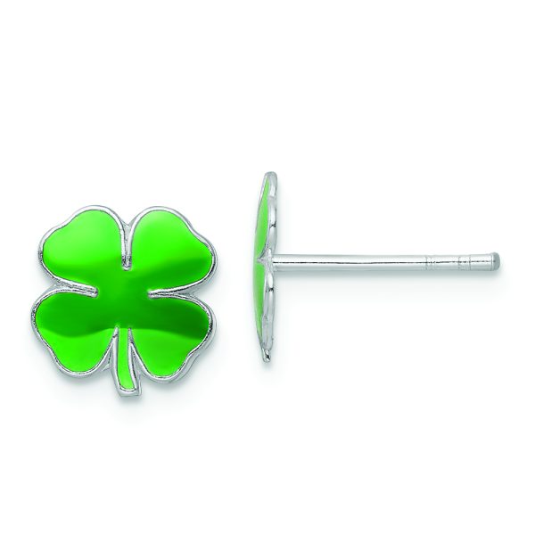 Sterling Silver RH-plated Enamel 4 Leaf Clover Children's Post Earrings