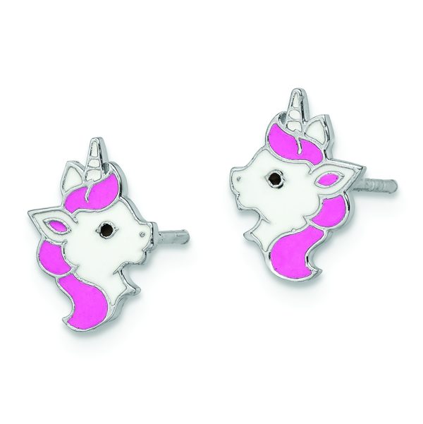 Sterling Silver Rhodium-plated Enamel Unicorn Post Earrings - Image 2