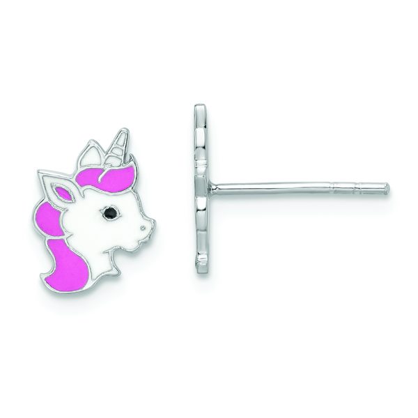 Sterling Silver Rhodium-plated Enamel Unicorn Post Earrings