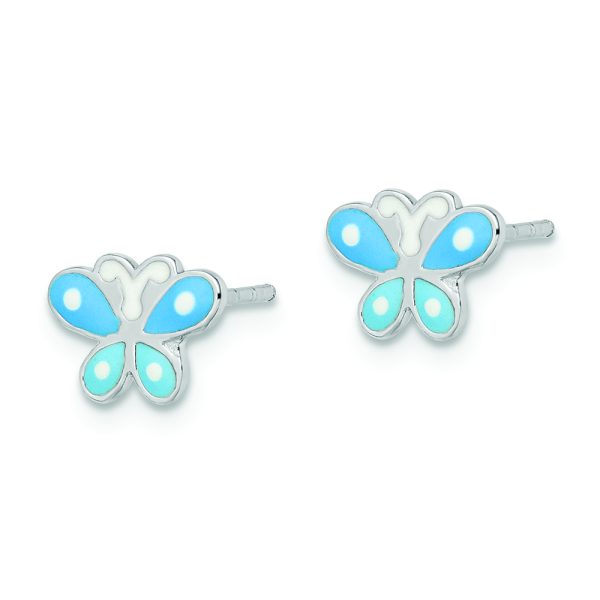 Sterling Silver RH-plated Blue Enameled Butterfly Children's Post Earrings - Image 2