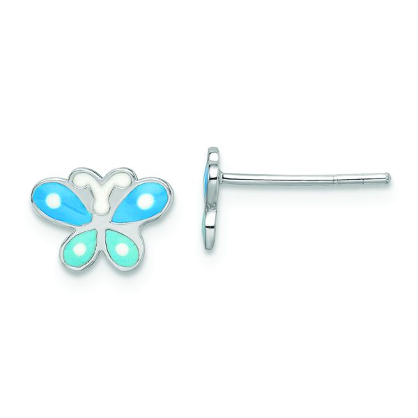 Sterling Silver RH-plated Blue Enameled Butterfly Children's Post Earrings