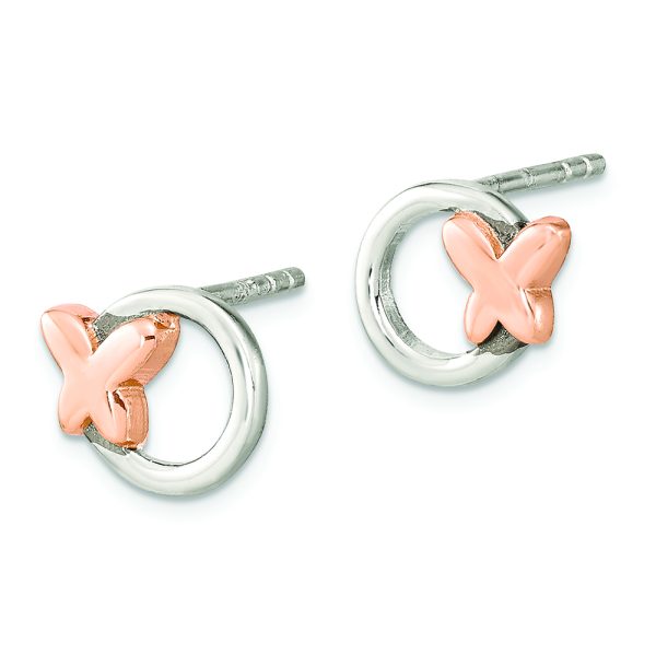 Sterling Silver & Rose Tone Polished Butterfly Circle Post Earrings - Image 2