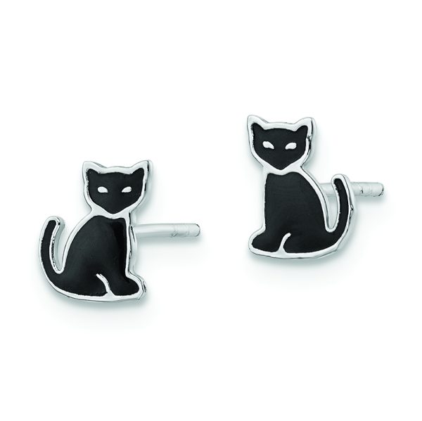 Sterling Silver RH-plated Polished Black Enameled Cat Post Earrings - Image 2