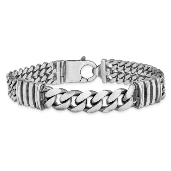 Sterling Silver Mens Antiqued Brush Double Curb Bracelet - Image 3