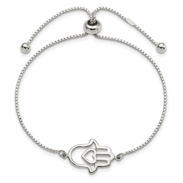 Sterling Silver Polished Heart Hamsa Adjustable Bracelet - Image 3