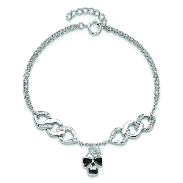 Sterling Silver RH CZ Enamel Skull w/Flower 6.5in w/1in ext Bracelet - Image 3