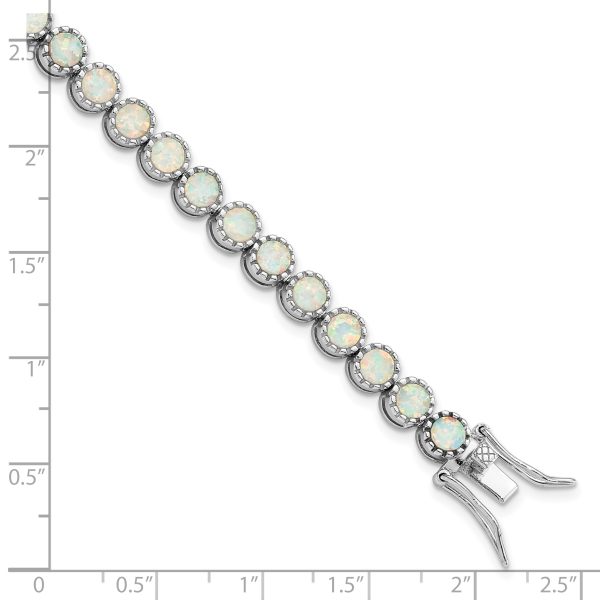 Sterling Silver Rhodium-plated Beaded White Created Opal Inlay Bracelet - Image 2