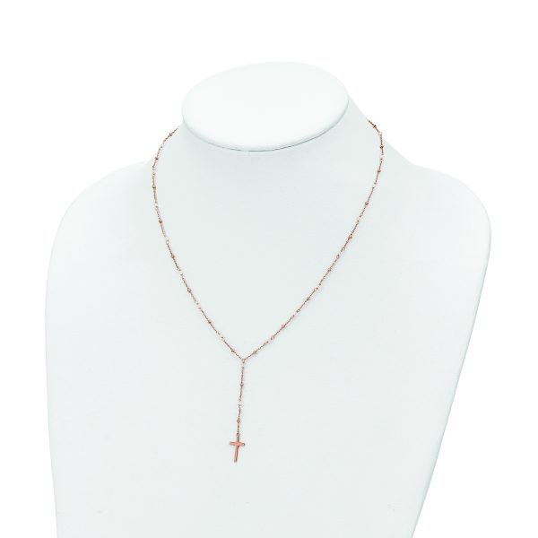 Sterling Silver Rose-tone Rose Quartz Beaded Cross w/2 in ext. Necklace - Image 3