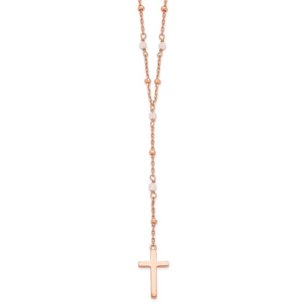 Sterling Silver Rose-tone Rose Quartz Beaded Cross w/2 in ext. Necklace