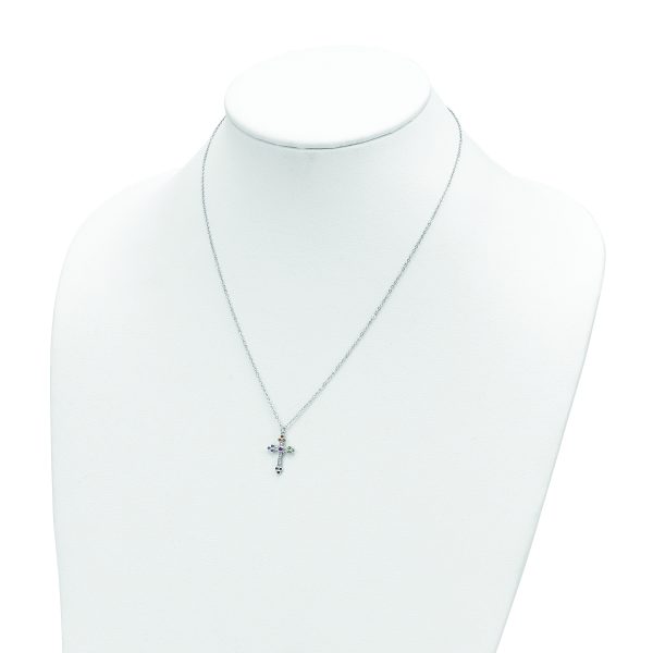 Sterling Silver Rhodium-plated Polished Multi-color CZ Cross Necklace - Image 3