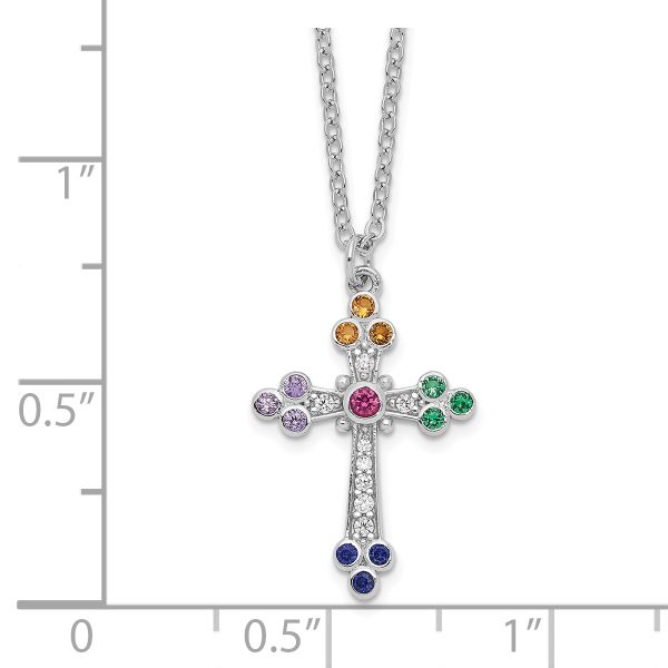 Sterling Silver Rhodium-plated Polished Multi-color CZ Cross Necklace - Image 2