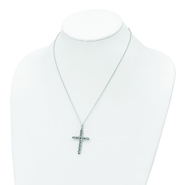 Sterling Silver Rhodium-plated CZ & Green Nano Crystal Cross 18in Necklace - Image 3