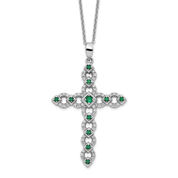 Sterling Silver Rhodium-plated CZ & Green Nano Crystal Cross 18in Necklace