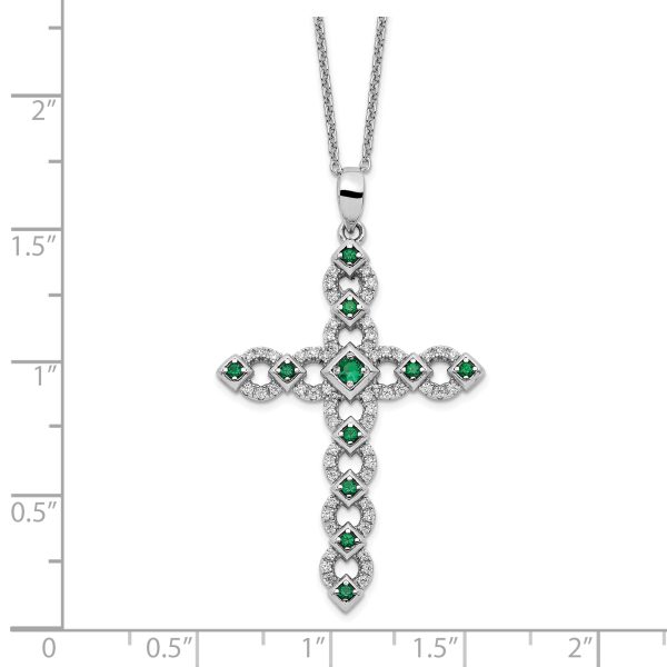 Sterling Silver Rhodium-plated CZ & Green Nano Crystal Cross 18in Necklace - Image 2