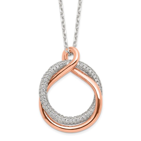 Sterling Silver Rose-tone Polished Pave CZ Twist w/2 in ext. Necklace