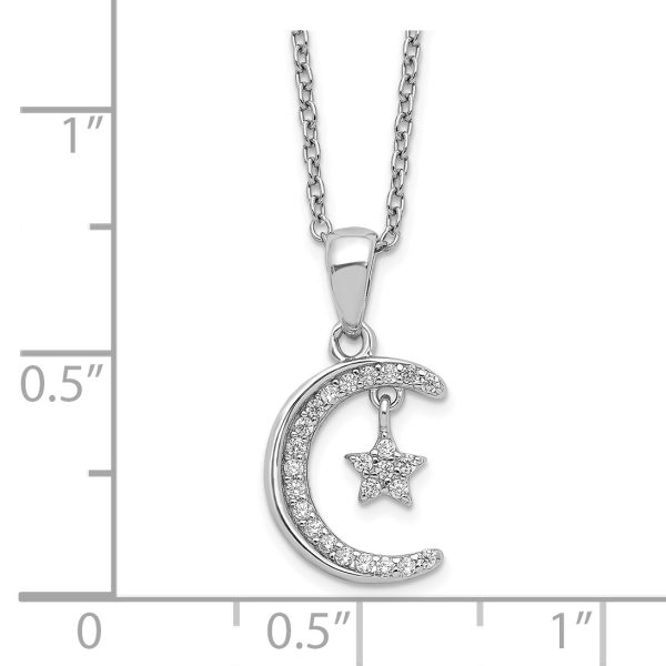 Sterling Silver Polished Rhodium-plated CZ Moon & Star 18in Necklace - Image 2