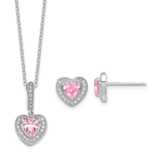 Sterling Silver Polished Rhodium CZ Heart 18in Necklace and Earring Set