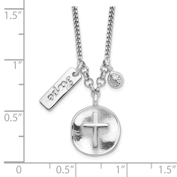 Sterling Silver Rhodium-plated Satin Cross/Hope/CZ w/1.5in Ext Necklace - Image 2