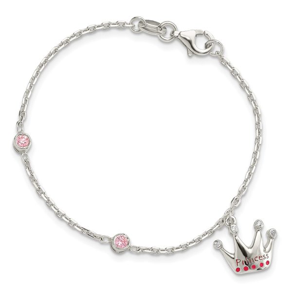 Sterling Silver Pink CZ & Enameled Princess Crown Children's Bracelet - Image 3