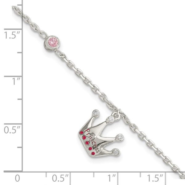 Sterling Silver Pink CZ & Enameled Princess Crown Children's Bracelet - Image 2