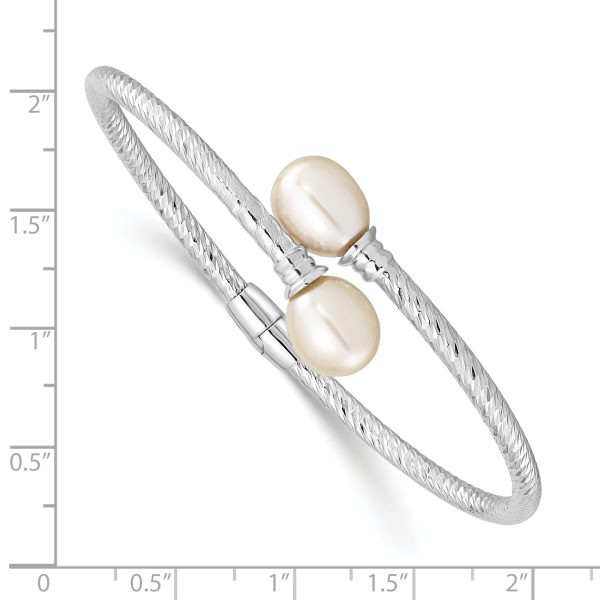 Sterling Silver Rh-pl 8-9mm White Rice FWC Pearl Hinged Bangle - Image 3