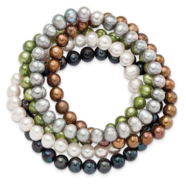 6-7mm Grn/Gry/Wht/Blck/Brwn Semi-round FWC Pearl Stretch Bracelet 5 pc Set - Image 2