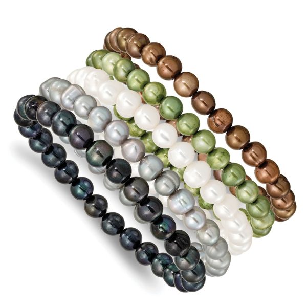 6-7mm Grn/Gry/Wht/Blck/Brwn Semi-round FWC Pearl Stretch Bracelet 5 pc Set