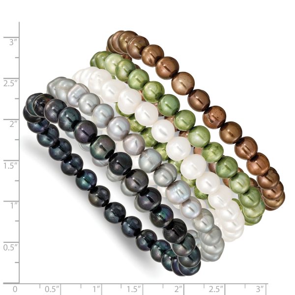 6-7mm Grn/Gry/Wht/Blck/Brwn Semi-round FWC Pearl Stretch Bracelet 5 pc Set - Image 3