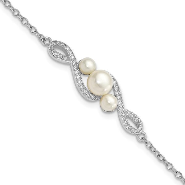 Sterling Silver Rh-pl CZ 4-7mm White Button FWC Pearl w/ 2in ext. Bracelet