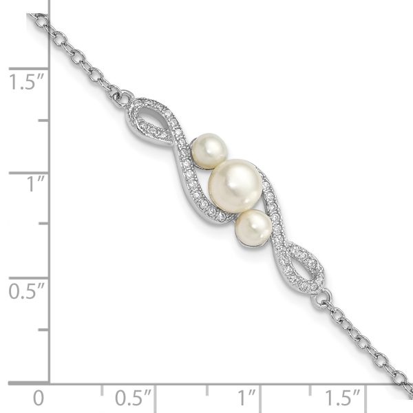 Sterling Silver Rh-pl CZ 4-7mm White Button FWC Pearl w/ 2in ext. Bracelet - Image 2