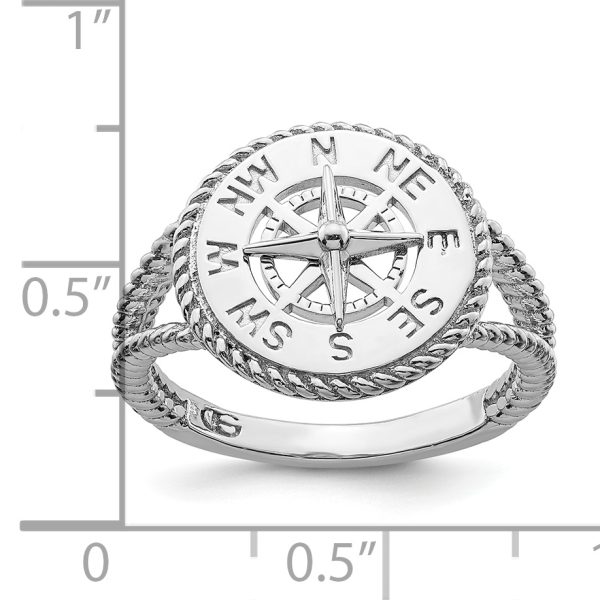 Sterling Silver Rhodium-plated Polished Compass w/Rope Trim Ring - Image 2