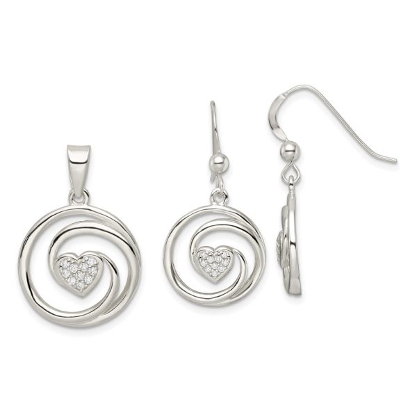 Sterling Silver CZ Heart in Circle Pendant and Earrings Set