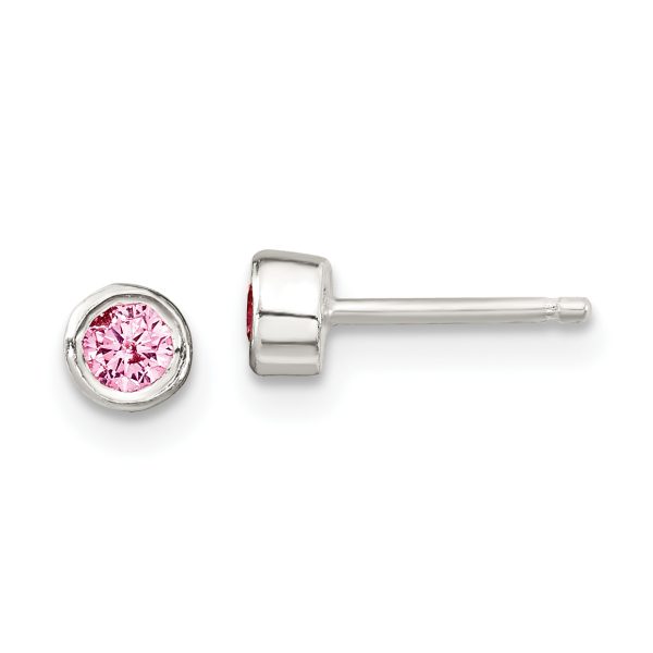 Sterling Silver Pink Bezel CZ Children's Necklace and Stud Earrings Set - Image 2