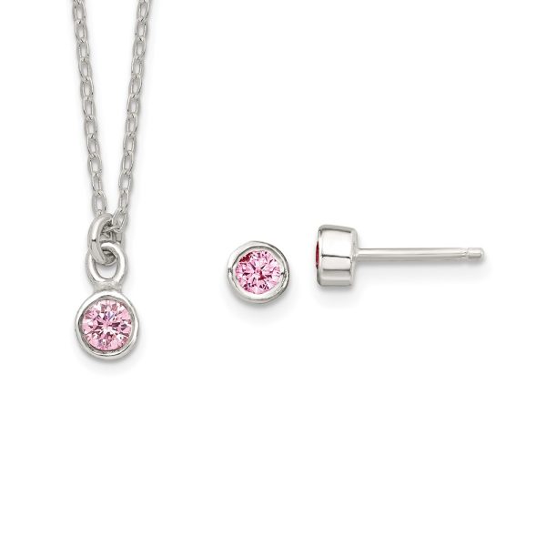 Sterling Silver Pink Bezel CZ Children's Necklace and Stud Earrings Set